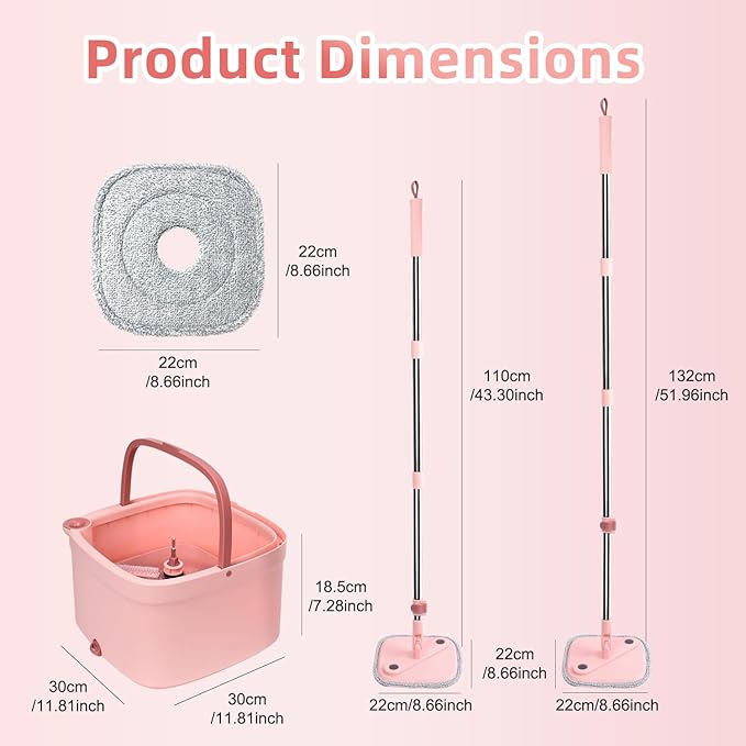 Spin Mop and Bucket Set with Self - Separating Dirty and Clean Water System, Self - Wringing, 360° Rotating Clean Mop - Head for Hardwood, Tile and Marble Floors with 6 Pads - Pink