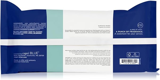 Capri Blue Volcano Multi Surface Wipes - Multi-Purpose Cleaning Wipes with Grapefruit & Tangerine Essential Oils - Safe for Countertops, Walls, and More - Non-toxic, Vegan & Cruelty Free (48 count)