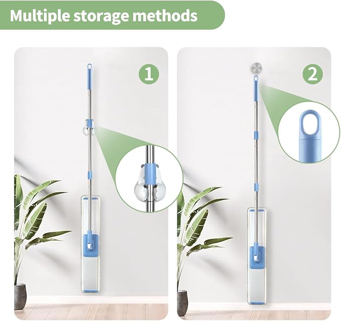CQT Commercial Flat Microfiber Floor Mop Cleaning System 24" Inch Wet Dry and Dust Hardwood with 4 Washable Pads Cleaner for Laminate Tile Stainless Steel Handle and Extension (Blue)