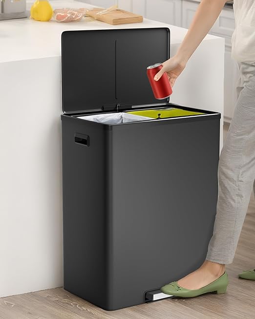 Garvee Dual Trash Can for Recycling and Trash, 2 x 30 L (60 L) Stainless Steel Kitchen Trash Can with Lid and Foot Pedal, Double Compartment Garbage Can, with Recycling Bin, 2 x 8 Gallon