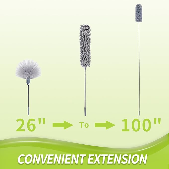 Cobweb Duster with Extension Pole, 100'' Microfiber & Chenille Ceiling Cleaner Kit, Reusable Feather Duster, Bendable, Washable