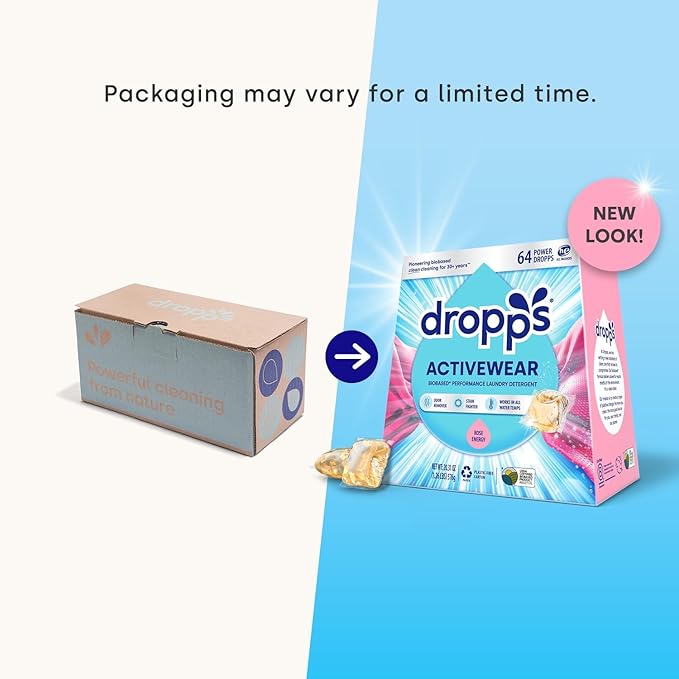 Dropps Activewear Laundry Detergent Pods, Rose Energy (64 Count) - Biobased Power Laundry Pods Fights Tough Stains & Odors, Sweat & Dirt - HE Compatible Laundry Supplies for Clean Sport Clothes