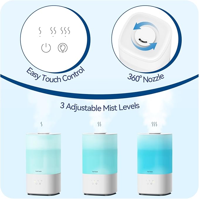2.5L Humidifiers for Bedroom, Top Fill Cool Mist Humidifiers for Large Room, Easy to Fill & Clean, 30H Runtime, 28dB Quiet Air Humidifier for Plants, Baby Nursery with Night Light