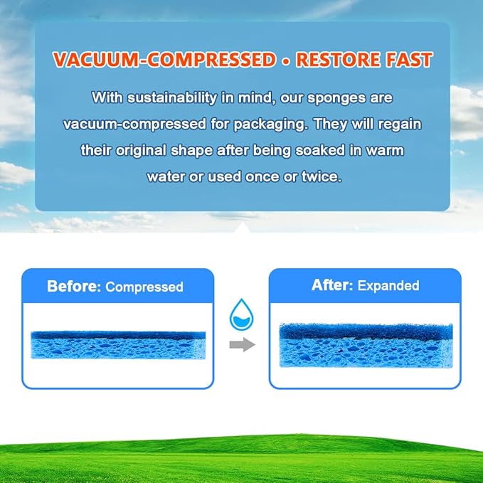 Orighty Non-Scratch Cellulose Scrub Sponges 24 Pack, Kitchen Sponges for Kitchen, Bathroom, and Household, Dual Side Sponge for Dishes, Non-Scratch Sponge Safe on Non-Stick Cookware, Car and More