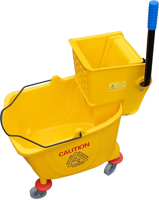 Matthew Cleaning 34 Quart Commercial Mop Bucket INCL.Wet String Mop with Side Press Wringer On Wheels,Heavy Duty Tandem Portable Floor Cleaning Wavebrake,Ideal for Household,Industrial,Restaurant