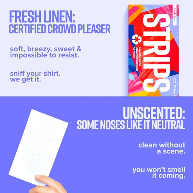 STRIPS Laundry Detergent Sheets Fresh Linen Scented (30ct, 60 loads) Eco Liquidless Soap, Travel-Friendly, Dissolves in Hot & Cold, Hypoallergenic, Tackles Tough Stains & Odors