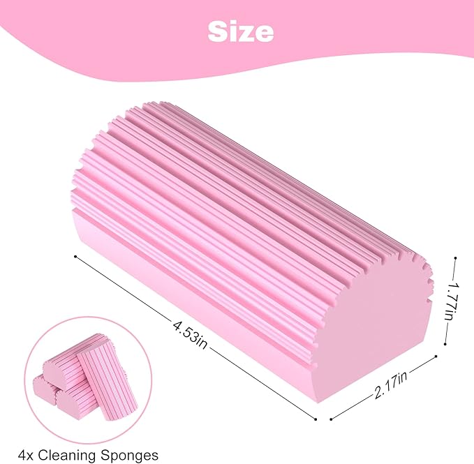 4pcs Damp Dusting Sponge Pink, Household Clean Sponges Duster for Cleaning Baseboards Blinds, Vents, Window Trunk, Scrub Magic Sponge Eraser Reusable Wet Sponges Cleaning Supplies Tool