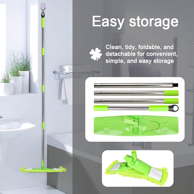 Dust Mop for Floor Cleaning with 2 Washable Chenille Pads and Extendable 58” Long Handle, Dry Wet Flat Mop with Scouring Pad for Hardwood, Laminate, Tile, Marble ,Green