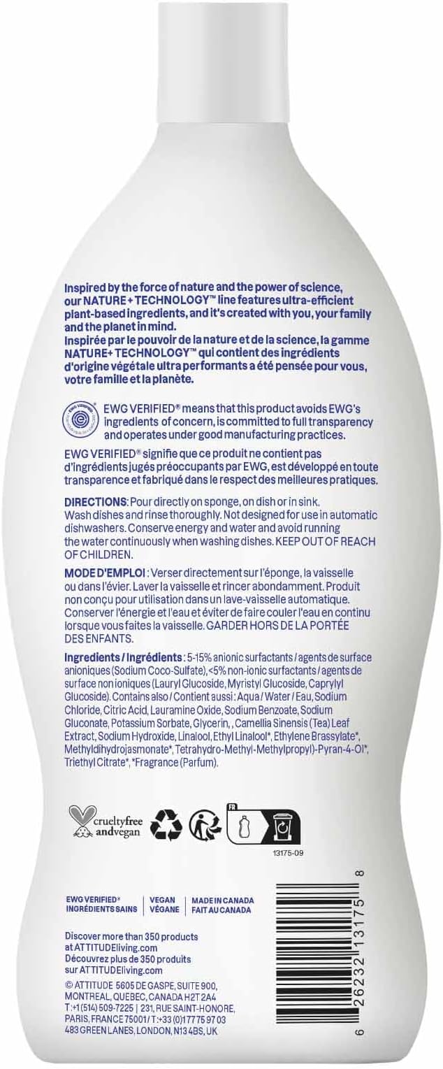 ATTITUDE Dish Soap, EWG Verified, Plant-Based & Vegan Dishwashing Liquid, Naturally Derived, Olive and Coriander Scent, 23.7 Fl Oz