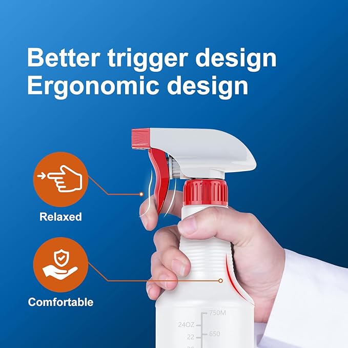 Veco Spray Bottle (5 Pack,32 Oz) with Measurements and Adjustable Nozzle(Mist & Stream Mode), HDPE Plastic Spray Bottles for Cleaning Solution, Household/Commercial/Industrial Use, No Leak and Clog