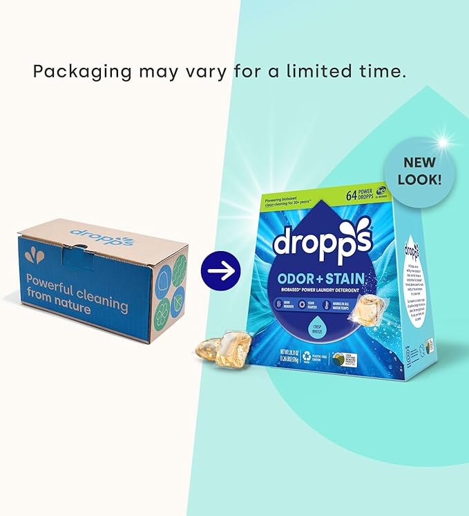 Dropps Odor & Stain Biobased Power Laundry Detergent Pods, Crisp Breeze HE Compatible Laundry Pods for Fresh Clothes - Laundry Soap Supplies & Recyclable Paperboard Packaging