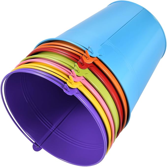 OBTANIM 7 Pack Colorful Metal Buckets with Handle Galvanized Ice Pails for Plants, Succulents, Party Favors Organizing, Rustic Home Decor or Classrooms Pencil Storage (7.1 x 5.2 inch)