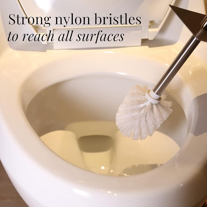 GOBAM Bamboo Toilet Bowl Cleaner with Holder for All Toilet Types - Hidden Stainless Steel Toilet Brush - Bathroom Cleaning Brushes - Toilet Accessories - Natural