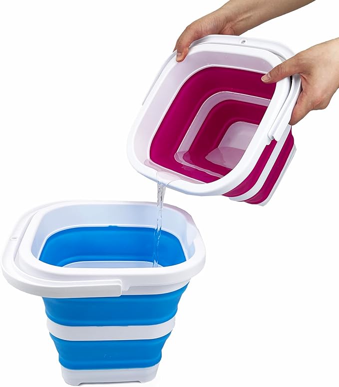SAMMART Collapsible Rectangular Cleaning Bucket 5L (1.3 Gallon)- Foldable Camping Beach Sand Water Pot Pail- Portable Space Saving Tub for Household, Outdoor Car Washing (Grey + Sky Blue (Set of 2))