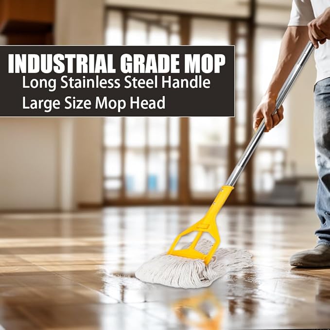 Heavy Duty Commercial Wet String Mop with 2 Reusable Heads,Long Handle Industrial Cotton Mop for Floor Cleaning,Restaurant,Home,Garage,Office,Warehouse