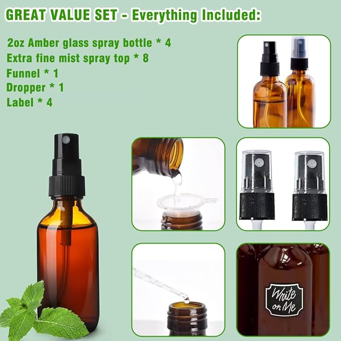 2oz Amber Glass Spray Bottles for Essential Oils, Hair, Skincare, Cleaning & Travel,4-Pack Small Empty Spray Bottle