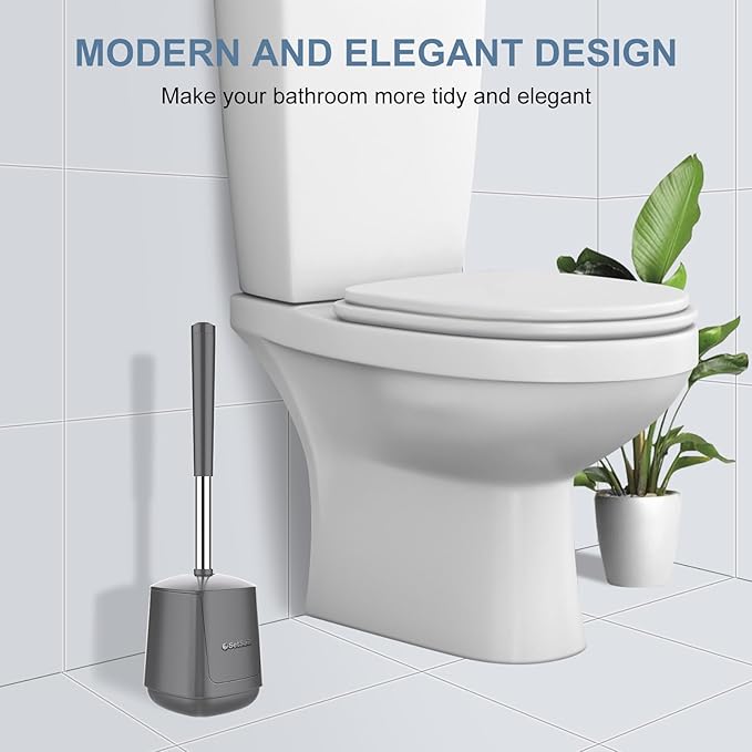 SetSail Toilet Brush and Holder, Self Closing Lid Toilet Bowl Brushes Holder and Extra Long Handle Ventilated Toilet Brush Set for Bathroom Cleaning, Nylon Bristles, Grey