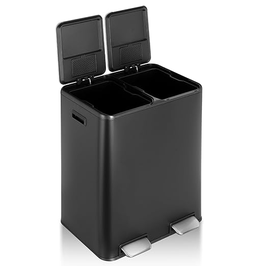 16 Gal (2 x 30 L) Dual Trash Can, Stainless Steel Kitchen Garbage Bin, Recycle Dustbin with Odor Control Box, Soft-Close Lid, Inner Buckets, Side Handle, Step Pedal, for Home Office
