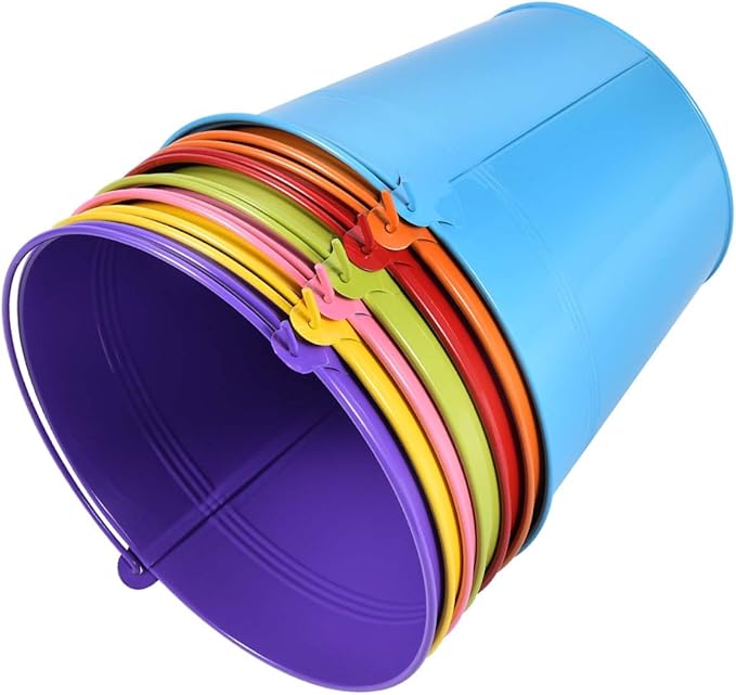 OBTANIM 7 Pack Colorful Metal Buckets with Handle Galvanized Ice Pails for Plants, Succulents, Party Favors Organizing, Rustic Home Decor or Classrooms Pencil Storage (9.1 x 6.7 inch)