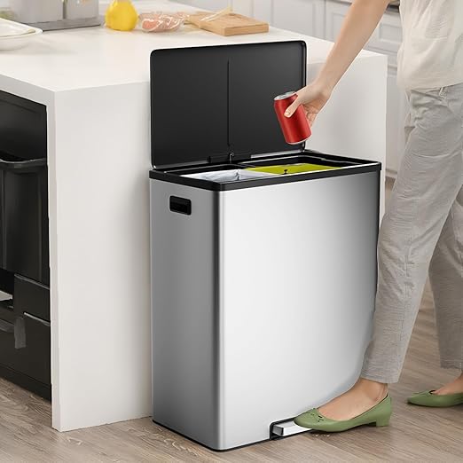 GarveeHome Step Dual Trash Can, 60L/16 Gallon Recycle Bins with Lid, 2 Removable Wastebusket, Step Pedal, Large Stainless Steel Double Trash Bin for Kitchen, Bathroom