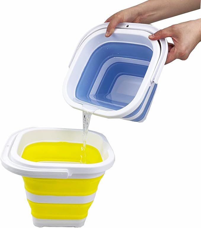 SAMMART Collapsible Rectangular Cleaning Bucket 5L (1.3 Gallon)- Foldable Camping Beach Sand Water Pot Pail- Portable Space Saving Tub for Household, Outdoor Car Washing (Baby Blue + Lemon (Set of 2))