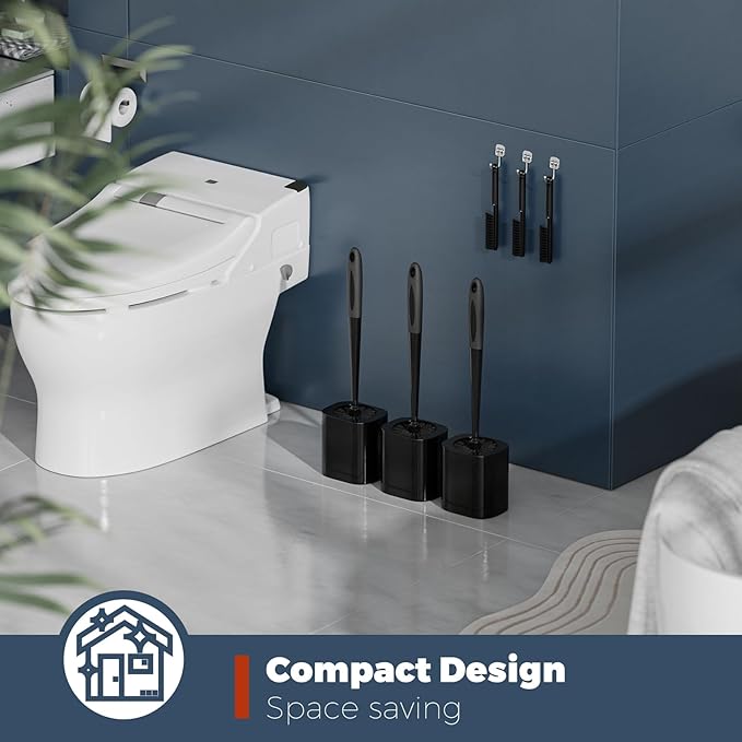 Toilet Brush, 3 Pack Toilet Brush and Holder Set Bathroom Accessories, Toilet Bowl Brush and Holder with 3 Crevice Brush for Bathroom, Toilet Scrubber Brush (Black)