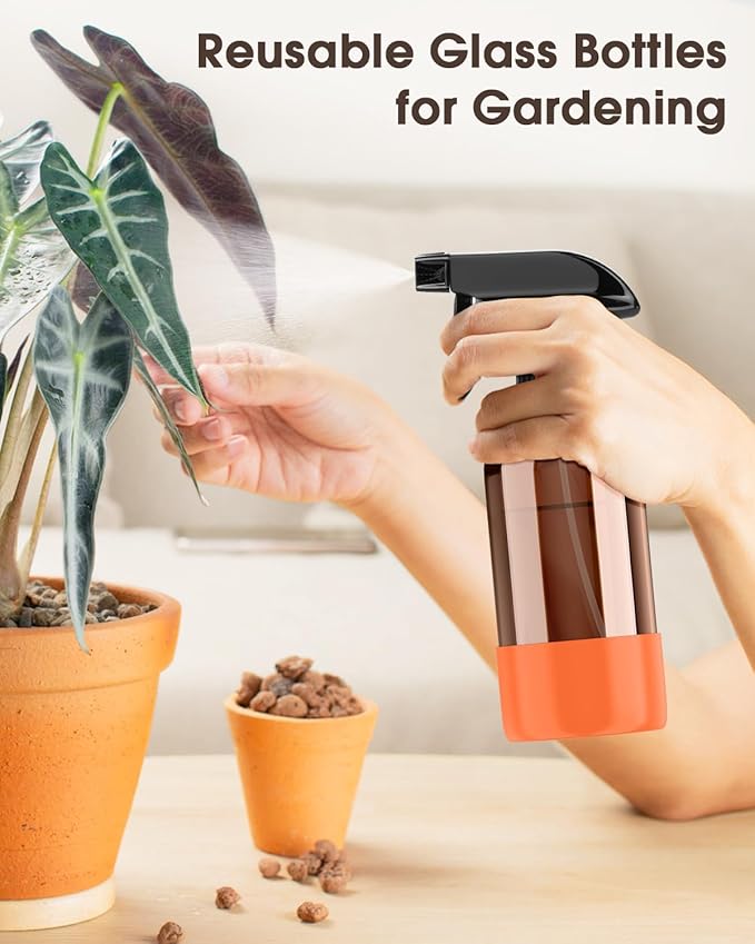 Glass Spray Bottle with Silicone Sleeve Protection, Amber Glass Spray Bottle Set for Window Cleaner Aromatherapy Facial Hydration Watering Flowers Hair Care 2 Pack/8 oz (Black & Orange)