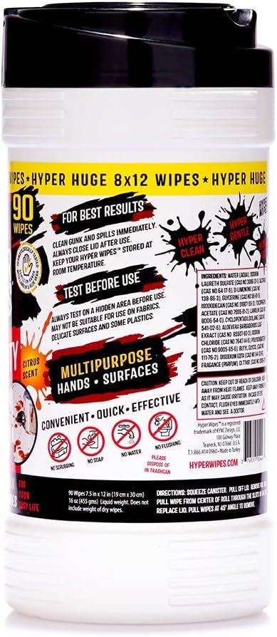 Hyper Wipes, 6 Pack Heavy Duty Hand & Tool Cleaning Wipes, 8"x12" Size Multi-Surface Cleaning Wipes, Degreasing, All Purpose Cleaner, Bathroom, Mechanic, Work Surface Wipes, 540 Count Canister