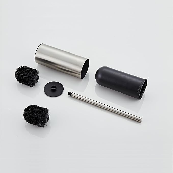 Toilet Brush and Holder Set, NEWRAIN Stainless Steel Toilet Brush with Long Brush Handle, Brushed Nickel Toilet Scrubber and Covered Holder, Round Design Sturdy and Space Saving, Covered Brush