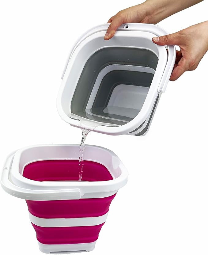 SAMMART Collapsible Rectangular Cleaning Bucket 5L (1.3 Gallon)- Foldable Camping Beach Sand Water Pot Pail- Portable Space Saving Tub for Household, Outdoor Car Washing (White/Flamingo)