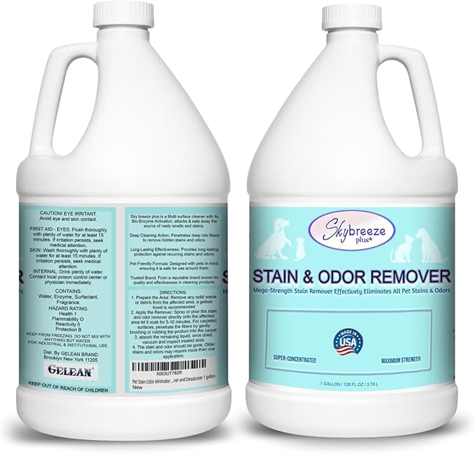 Pet Stain Odor eliminator - Super-concentrated Enzyme cleaner - Sky breeze plus - Extra Strong Odor and stain remover - Best Remover for Cat and Dog Pee All Purpose Cleaner and Deodorizer 1 gallon