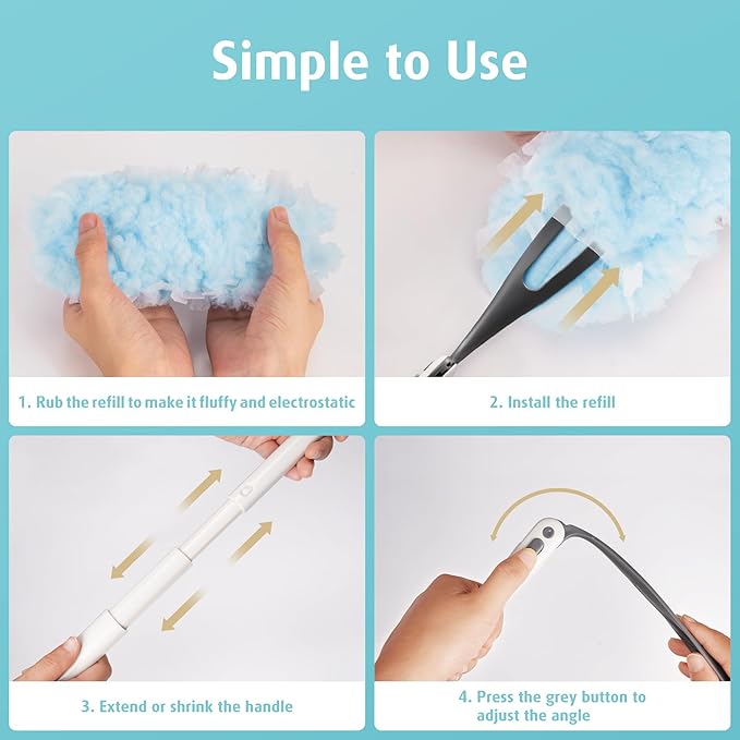 60 Count Heavy Duty Duster Refills with Two 3 ft Extendable Handle Starter Kit, Compatible with Swiffer Disposable Microfiber Feather Dusters for Cleaning Home