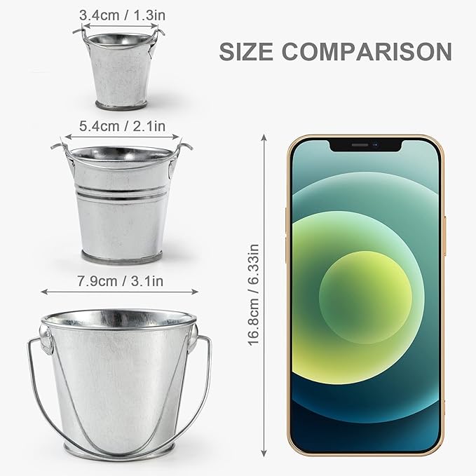 3.1" Galvanized Mini Tin Buckets – 12Pcs Silver Metal Buckets with Handle, Ideal for Party Favors, Bridal Shower and Craft Projects (Silver, 3.1")