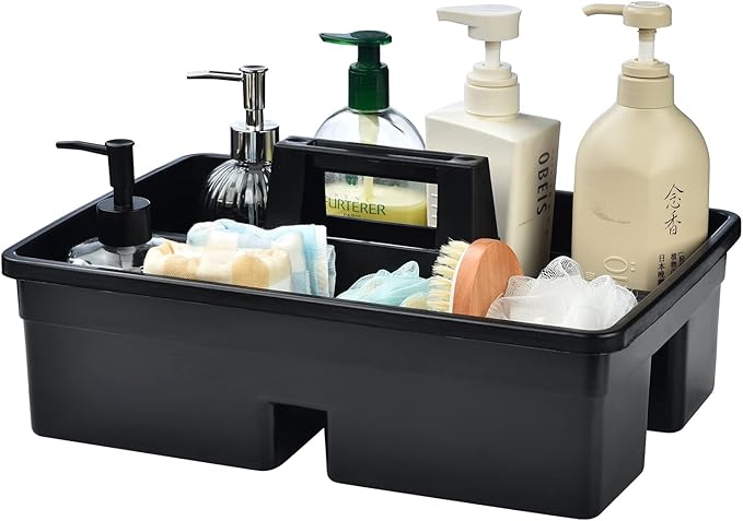 3-Compartment Plastic Cleaning Caddy Basket – Stackable Large Commercial Quality Plastic Tool Organizer Bucket with Handle, Black