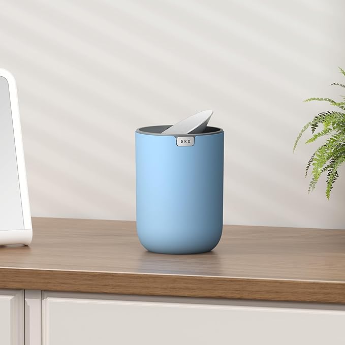 EKO Fandy 0.58 Gal/2.2L Mini Trash Can with Lid, Swing-Top Desktop Trash Can for Bathroom, Countertop, Vanity, Desk or Office, Small Garbage Bin (Blue)