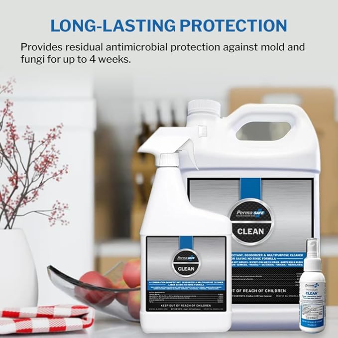 PermaSafe CLEAN, All-Purpose Hospital Disinfectant Cleaner; No Rinse, Hard, Soft & Food Contact Surface Sanitizer; Mold, Mildew and Fungi Killer; Odor Eliminator; Allergen Remover & More (32 Fl Oz)