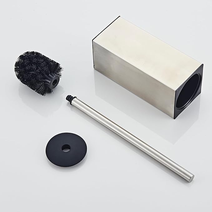 Toilet Brush and Holder Set, NEWRAIN Stainless Steel Toilet Brush with Long Brush Handle, Brushed Nickel Toilet Scrubber and Covered Holder, Square Design Sturdy and Space Saving, Covered Brush