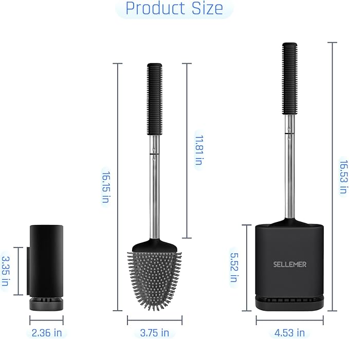 Sellemer Toilet Brush and Holder Set - Flexible Toilet Bowl Brush Head with Silicone Bristles, Compact Size for Storage and Organization, Ventilation Slots Base (1 Pack, Black)