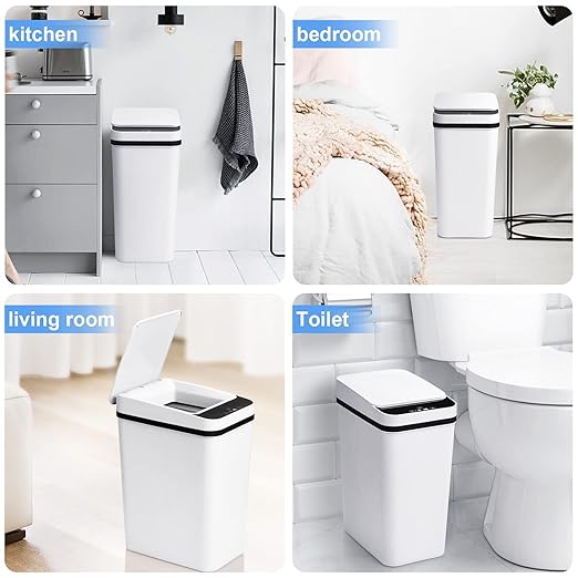 Bathroom Trash Cans with Lid Touchless Automatic Motion Sensor 4 Gallon Small Garbage Can, Smart Electric Plastic Narrow Garbage Bin for Living Room Bedroom Office Kitchen (White)
