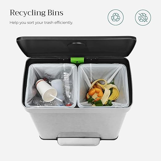 SONGMICS Kitchen Trash Can, 16 Gallon (2 x 8 Gallon) Dual Compartment Garbage Can, 60L Pedal Recycling Bin, Stays Open and Soft Close, Stainless Steel, 15 Bags Included, Metallic Silver ULTB202E01
