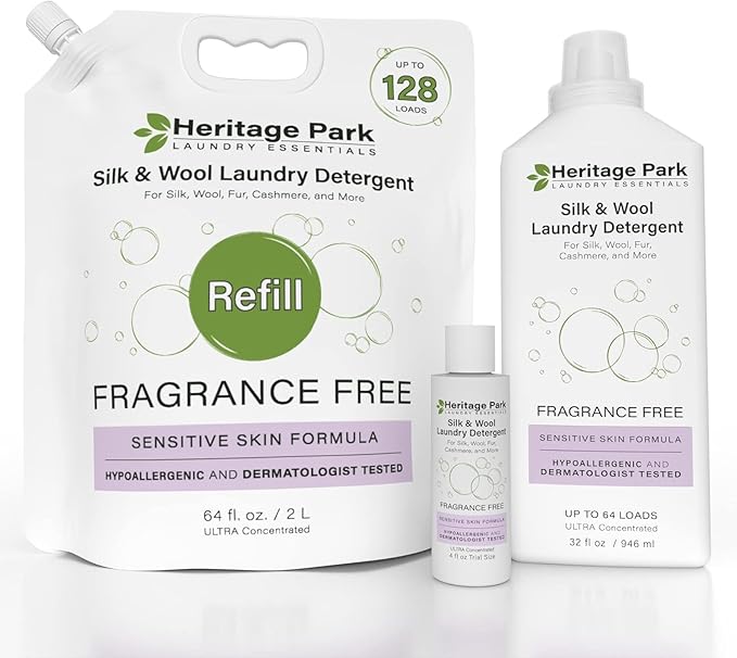 Heritage Park Silk & Wool Fragrance Free, Hypoallergenic, pH-Neutral Laundry Detergent – Dermatologist-tested, Sensitive Skin-Friendly, Enzyme-Free, Concentrated Up to 64 loads (32 fl oz)