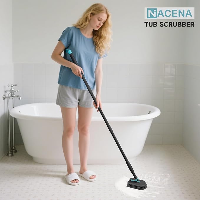 nacena Shower Scrubber with Long Handle, 3 in 1 Tile Tub Scrubber Brush with 3 Detachable Cleaning Heads Adjustable Handle Shower Cleaner Brush for Bathroom, Kitchen, Toilet, Wall, Sink, Black
