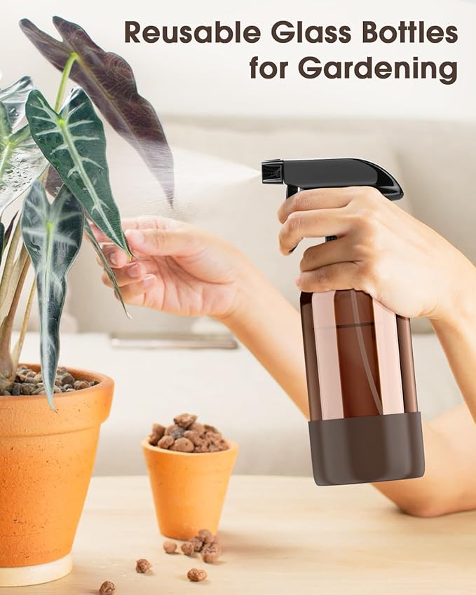 Glass Spray Bottle with Silicone Sleeve Protection, Amber Glass Spray Bottle Set for Window Cleaner Aromatherapy Facial Hydration Watering Flowers Hair Care 2 Pack/16 oz (Brown & Grey, 16 oz)