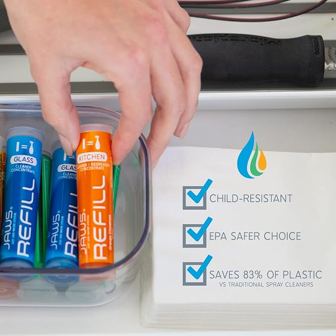JAWS Cleaners Home Cleaning Kit, Multi-Surface Kitchen, Glass, Shower and Hardwood Floor, 2 Refill Pods Included. Refillable Cleaning Supplies.