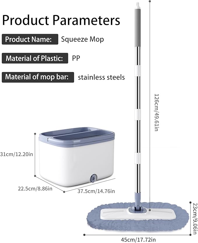 Flat Microfiber Mop and Bucket Set with Wringer, 360° Spin Mop for Floor & Wall Cleaning, 17.7x9in Wide Head, 2 Washable Pads, Hands-Free