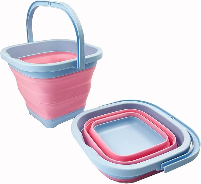 SAMMART Collapsible Rectangular Cleaning Bucket 5L (1.3 Gallon)- Foldable Camping Beach Sand Water Pot Pail- Portable Space Saving Tub for Household, Outdoor Washing (Cool Blue/Maglia Rosa (Set of 2))