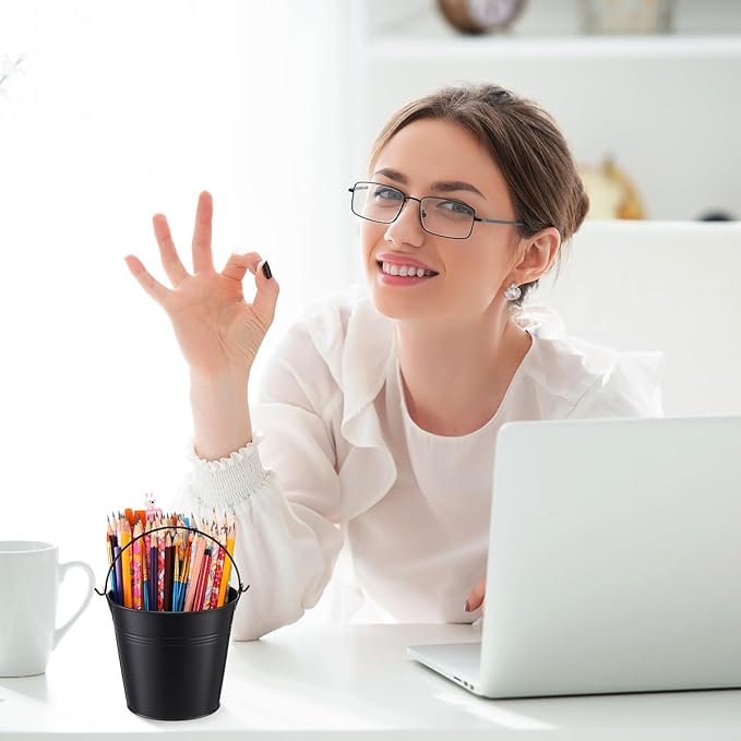 Rtteri 24 Pcs Metal Bucket 5 x 3.5 x 4.7 Inch Mini Party Buckets for Flower Pot Plant Basket Iron Small Metallic Pails with Handle for Container Candy Snack Crafts Vase Party Favors(Black)