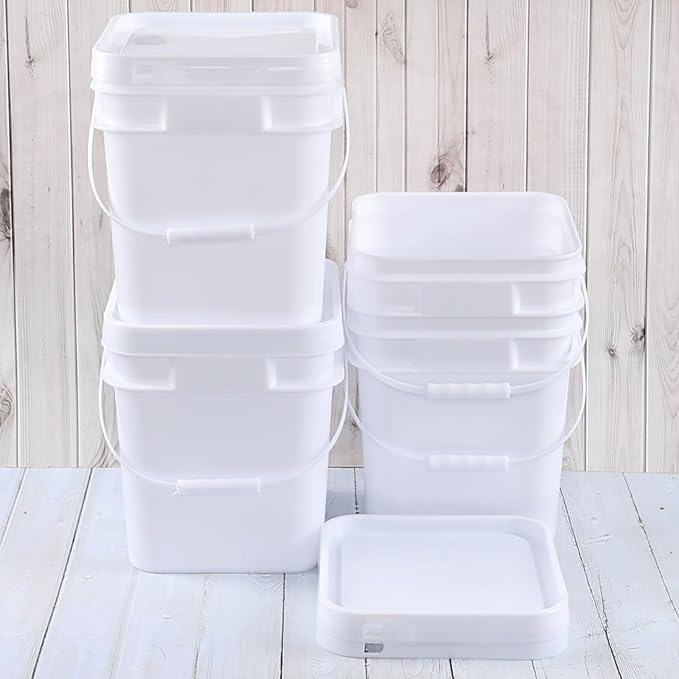 Gloreen 4-Pack 2.9 Gallon Square Plastic Bucket with Sealed Lid, Small Food Bucket Pail with Lid and Handle, White