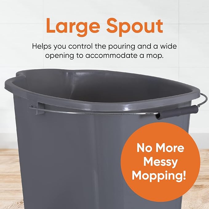 Superio Plastic Bucket with Grip Handle, 16 Liter Large Spout Cleaning Pail Grey, Heavy Duty Bucket Home Floor Mopping, Bath, Car Wash, Bowls for Camping, Fishing, 2 Pack