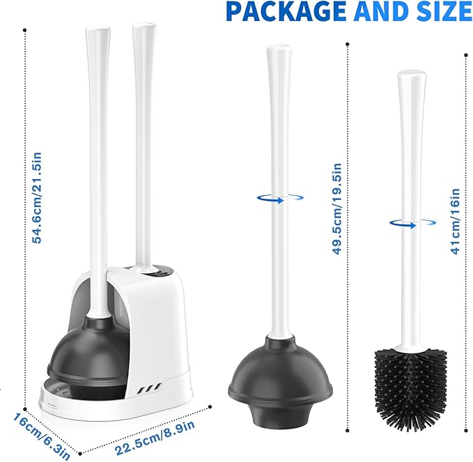 Toilet Plunger and Brush, Silicone Bowl Brush and Heavy Duty Toilet Plunger Set with Ventilated Holder, 2-in-1 Toilet Brush and Plunger Combo for 5.3-inch Bathroom Cleaning (White, 1 Set)